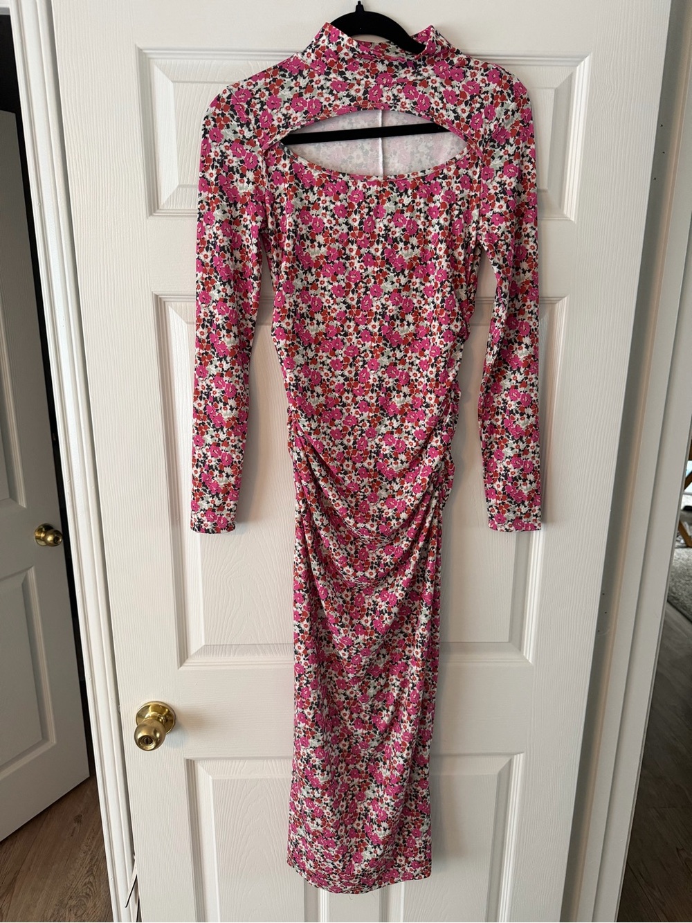 Zara Pink Floral Cutout Ruched Midi Dress M